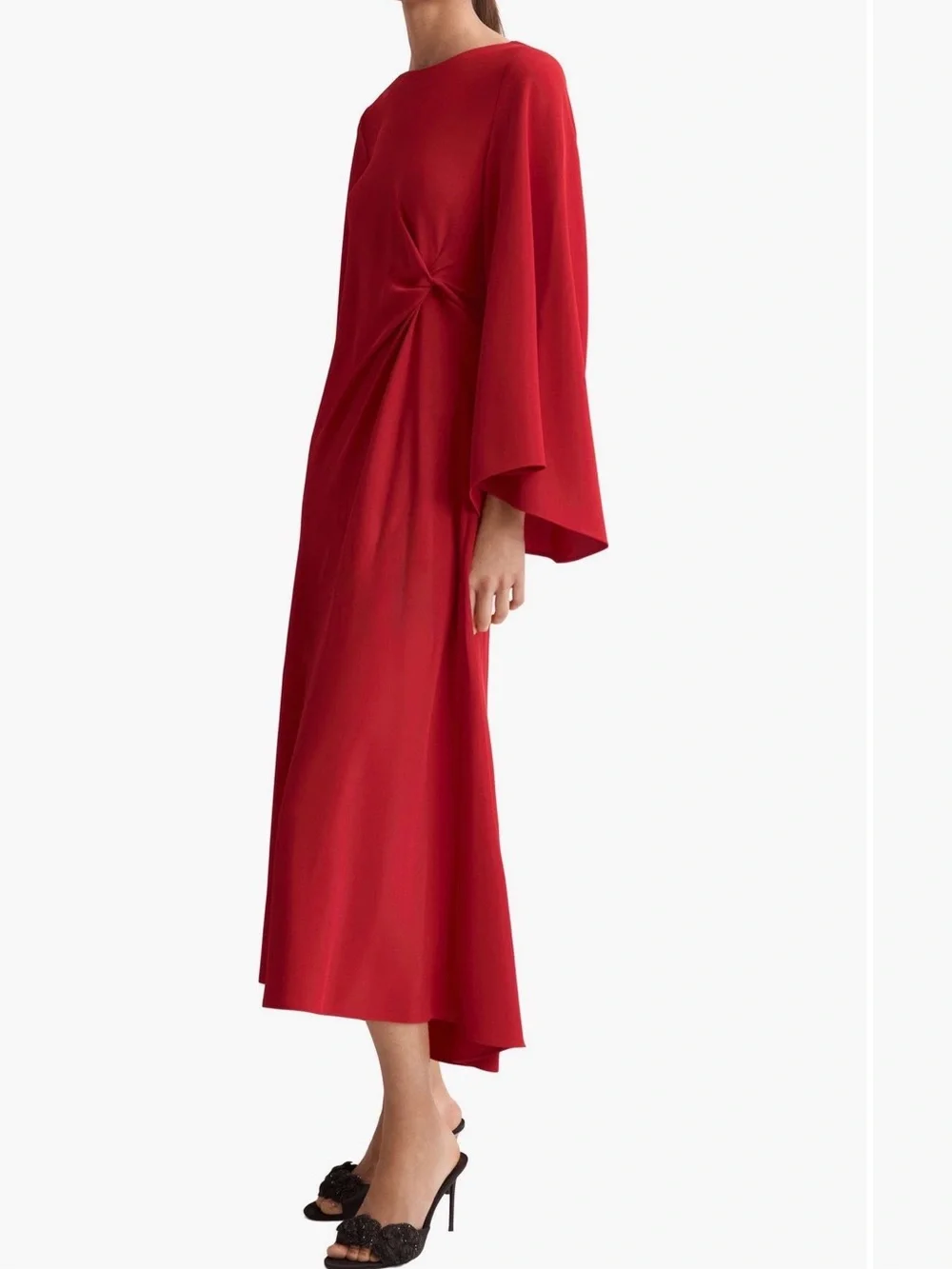 NWT Mango Red Side Twist Bell Sleeve Midi Dress Size 6 - Picture 2 of 8